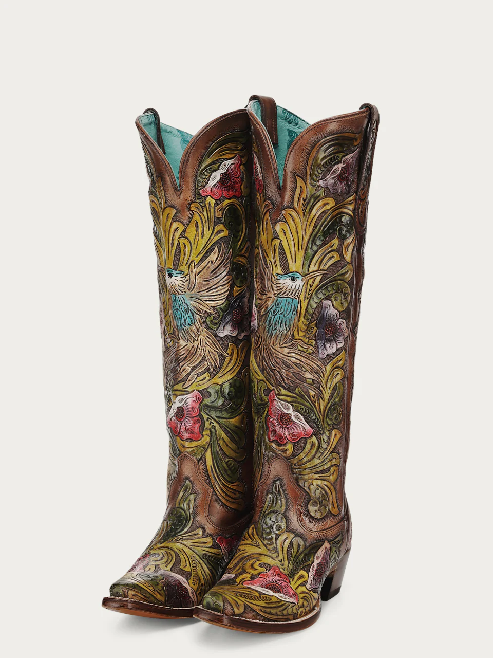 A4980 - WOMEN’S HAND PAINTED AND TOOLED HUMMINGBIRD BROWN TALL TOP SNIP TOE COWBOY BOOT