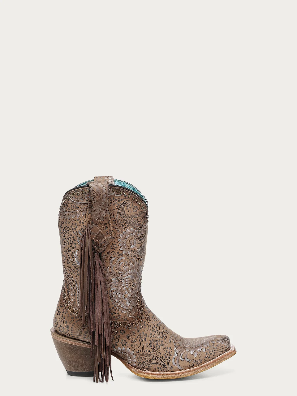 A4996 - WOMEN'S STAMPED FLORAL AND FRINGE SUEDE SAND NARROW SQUARE TOE ANKLE COWBOY BOOT - Image 3