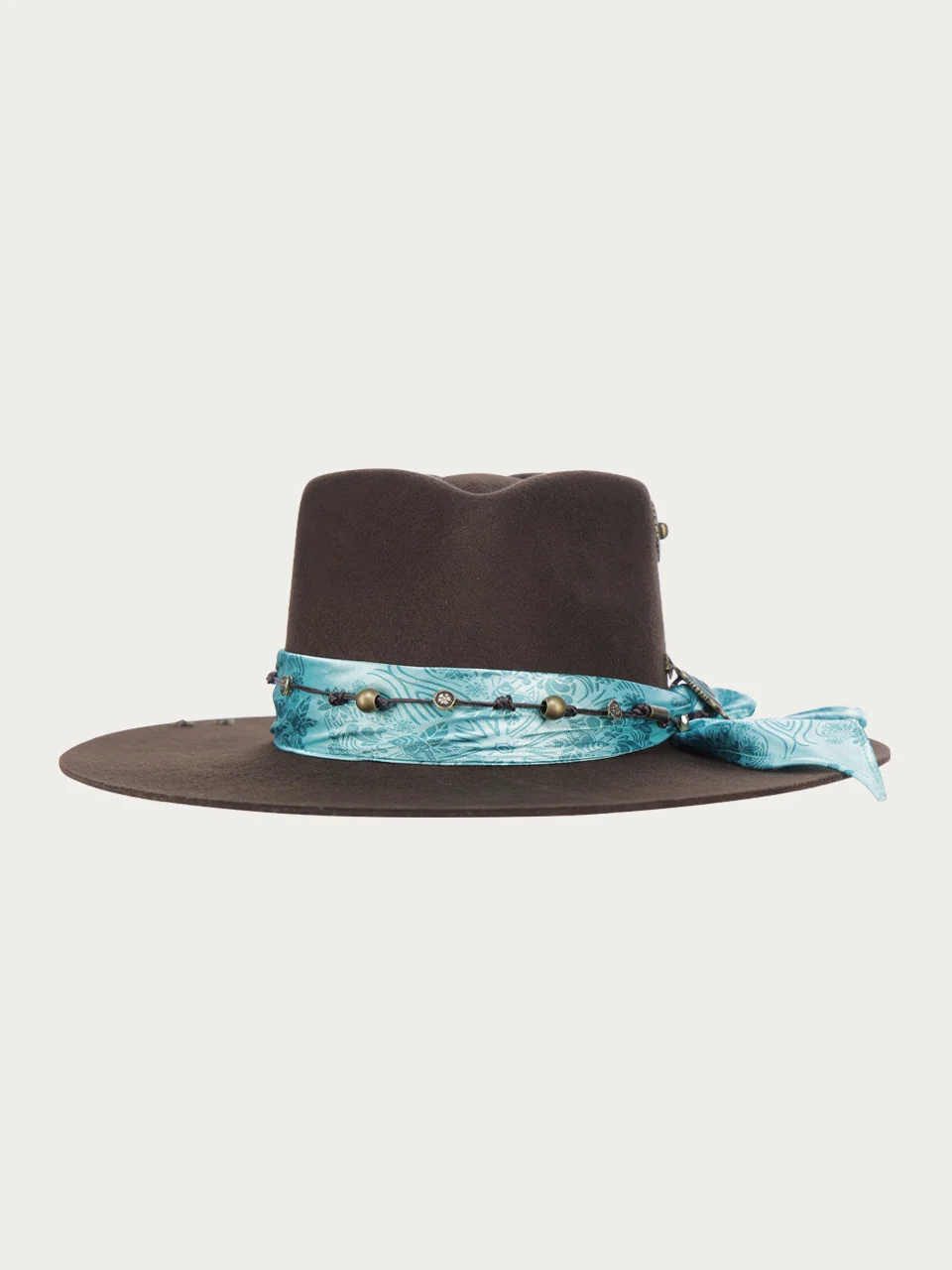 H0013 - DARK BROWN COWGIRL HAT WITH FABRIC HATBAND WITH CONCHOS - Image 3