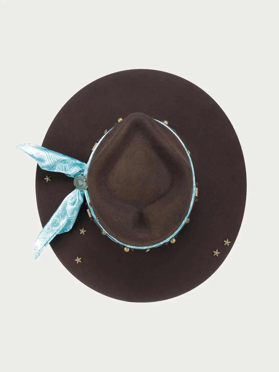 H0013 - DARK BROWN COWGIRL HAT WITH FABRIC HATBAND WITH CONCHOS - Image 4