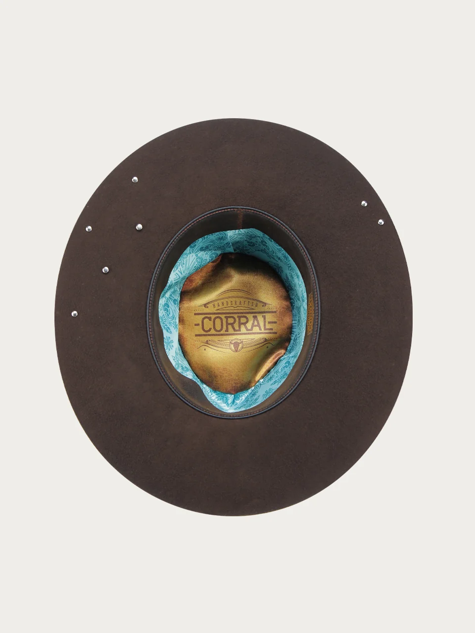H0013 - DARK BROWN COWGIRL HAT WITH FABRIC HATBAND WITH CONCHOS - Image 5
