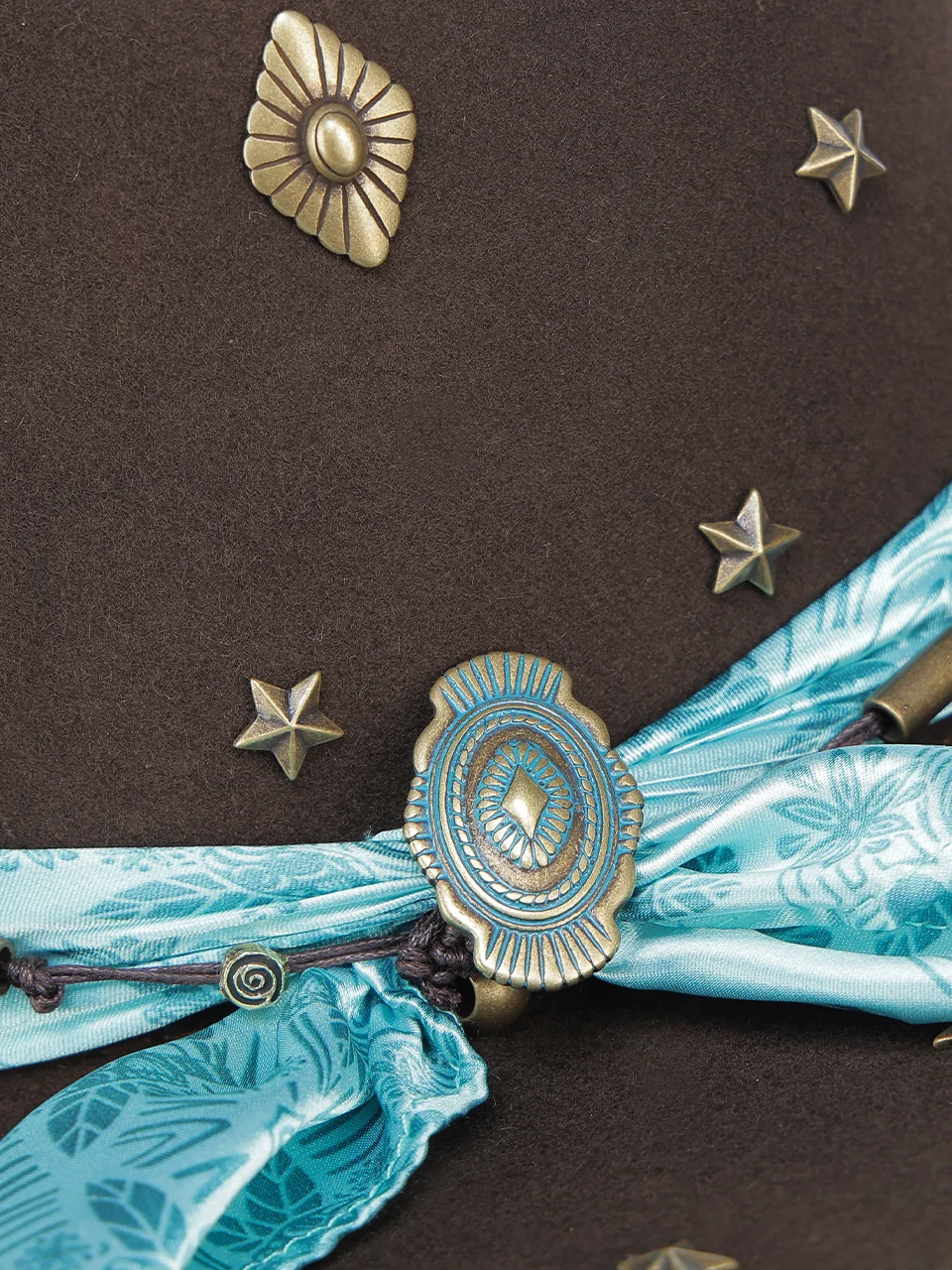 H0013 - DARK BROWN COWGIRL HAT WITH FABRIC HATBAND WITH CONCHOS - Image 6