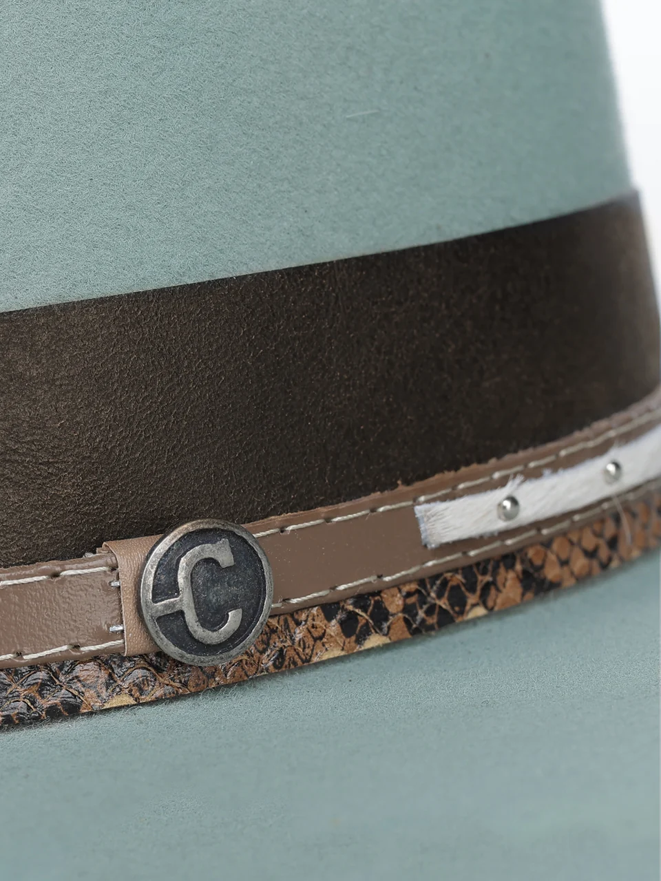 H0002 - DISTRESSED AQUA HEART AND WINGS ON CROWN COWGIRL HAT WITH BROWN LEATHER CROSSPIECE AND PYTHON PRINT HATBAND - Image 6
