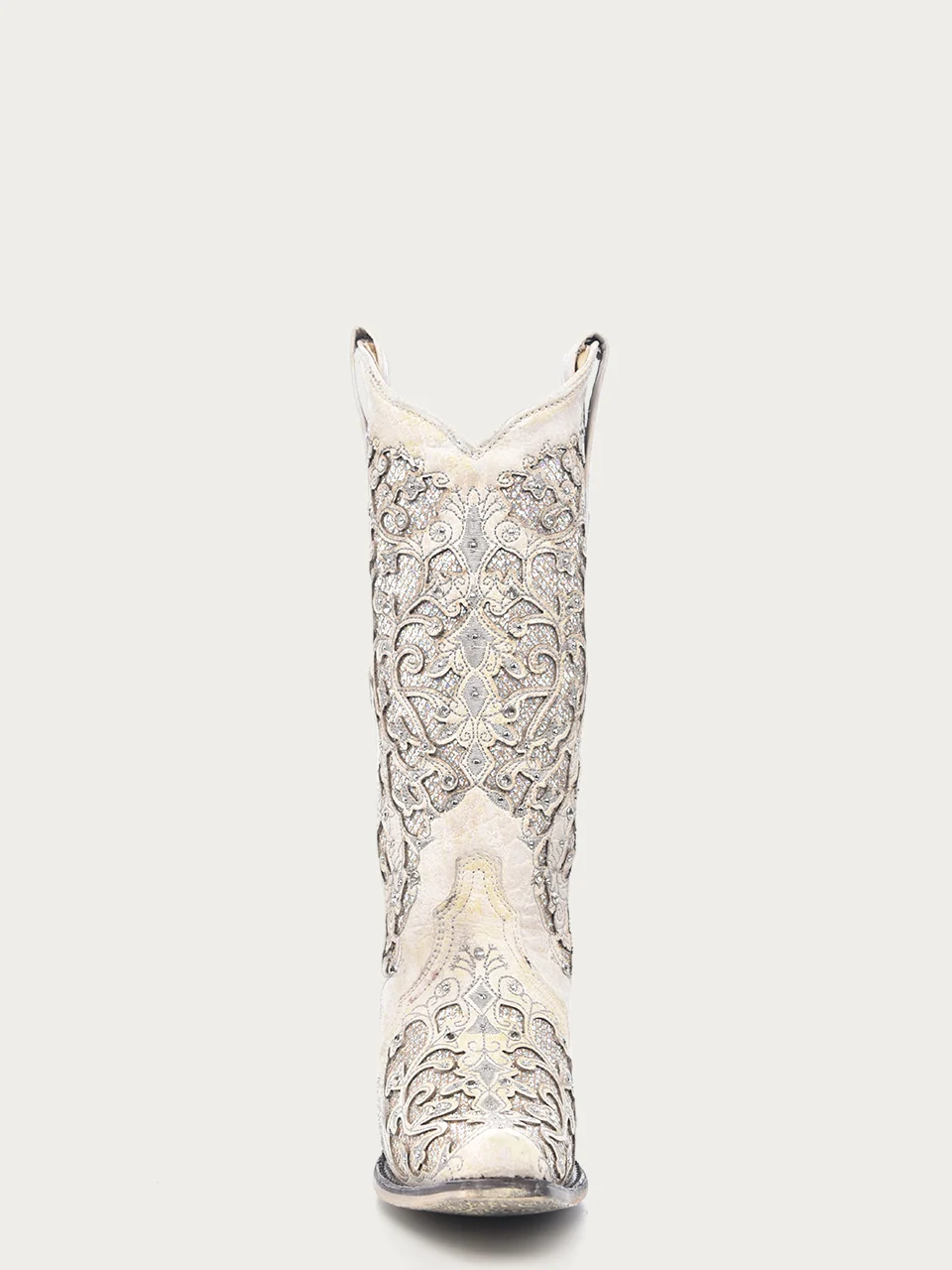 A3322 - WOMEN'S WHITE GLITTERED INLAY AND CRYSTALS SNIP TOE WEDDING COWBOY BOOT - Image 4