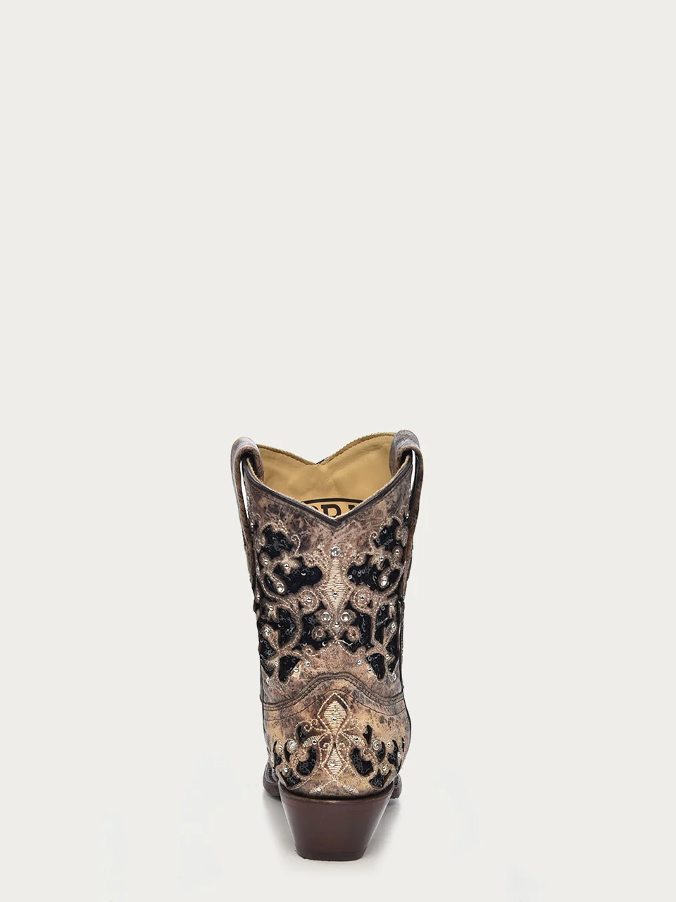 A4190 - WOMEN'S BLACK GLITTER INLAY FLORAL OVERLAY WITH CRYSTALS AND STUDS SNIP TOE BROWN ANKLE BOOT - Image 5