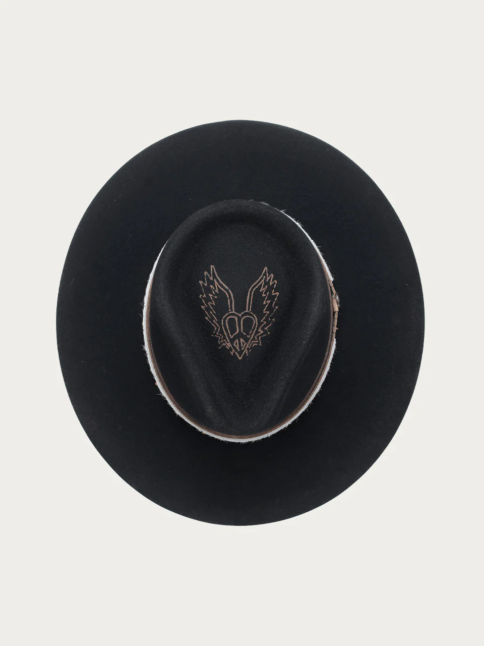 H0003 - DISTRESSED BLACK HEART AND WINGS ON CROWN COWGIRL HAT WITH BROWN LEATHER CROSSPIECE AND PYTHON PRINT HATBAND - Image 4