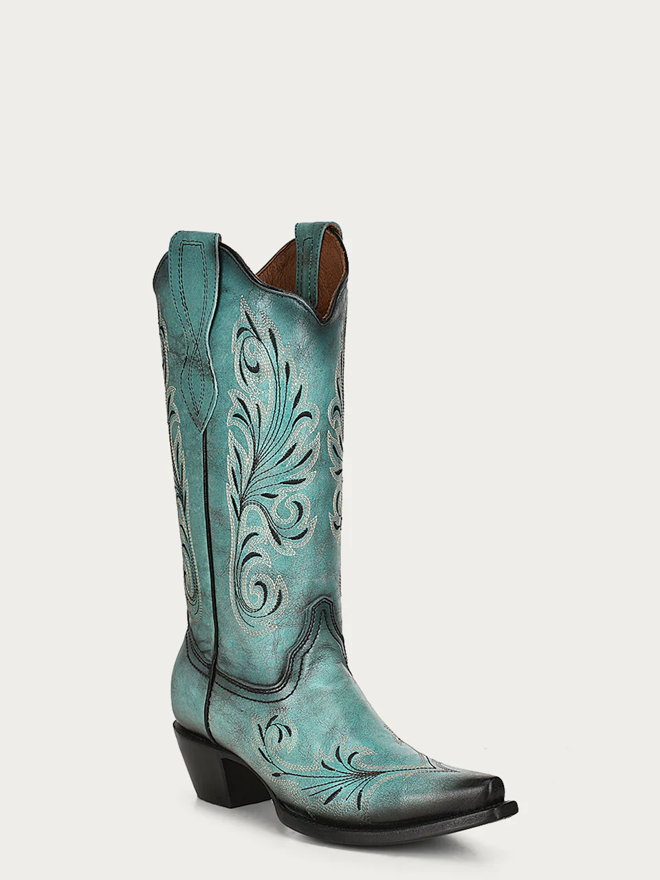 L2076 - WOMEN'S WHITE AND BLACK EMBROIDERY TURQUOISE SNIP TOE COWBOY BOOT