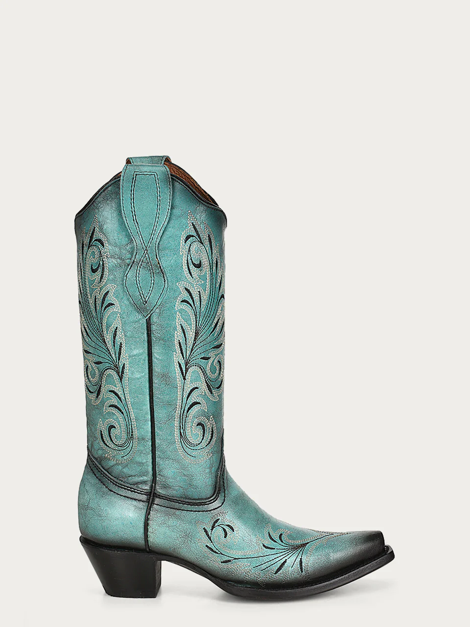 L2076 - WOMEN'S WHITE AND BLACK EMBROIDERY TURQUOISE SNIP TOE COWBOY BOOT - Image 2