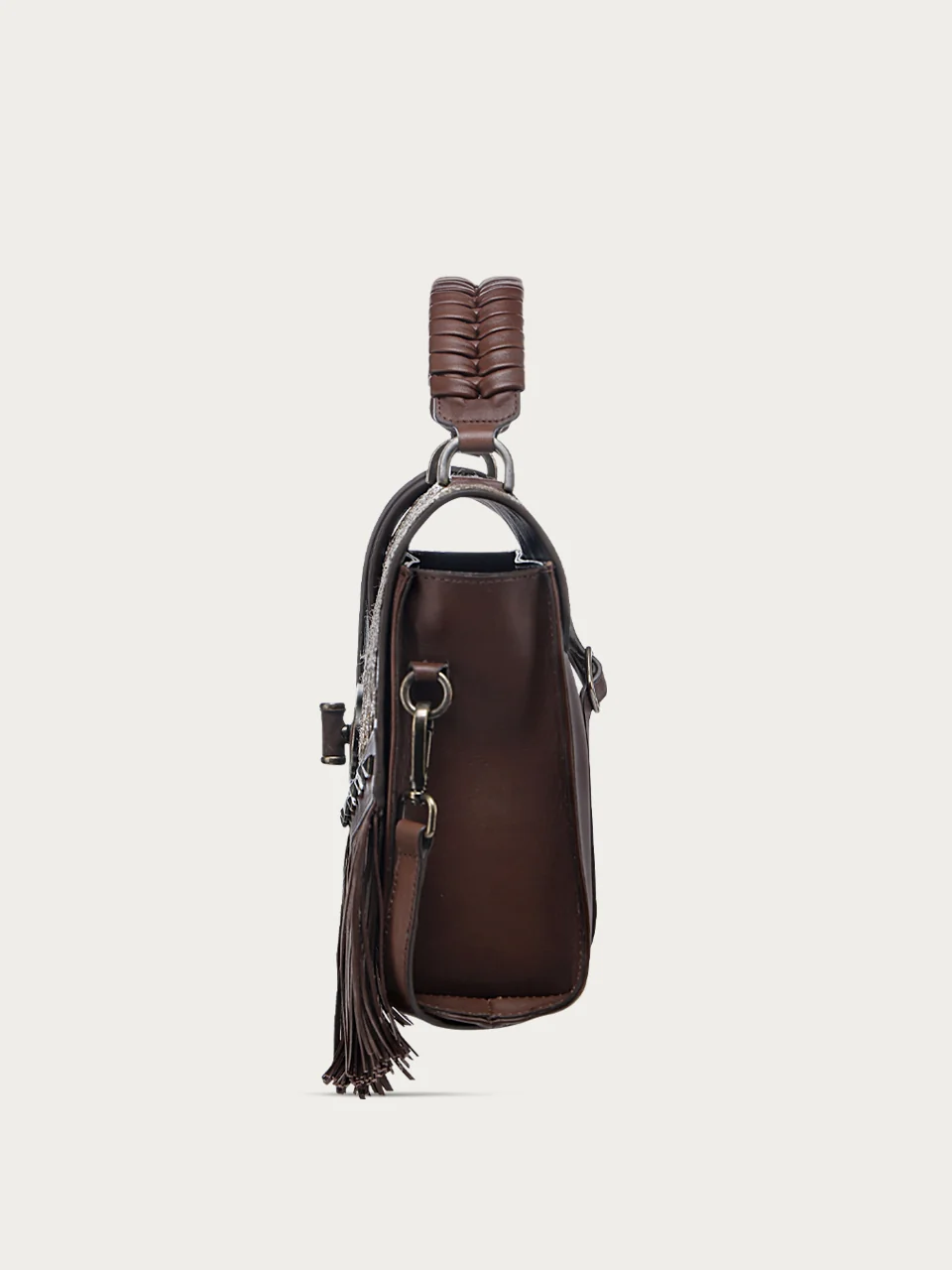 D1348 - WOMNE'S CHOCOLATE FRINGE AND OVERLAY GLITTLER SADDLE BAG - Image 3