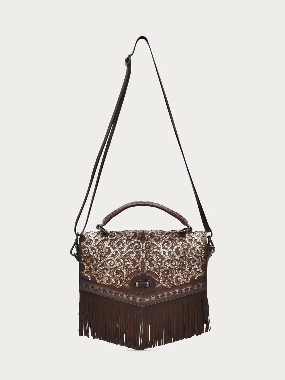 D1348 - WOMNE'S CHOCOLATE FRINGE AND OVERLAY GLITTLER SADDLE BAG - Image 5