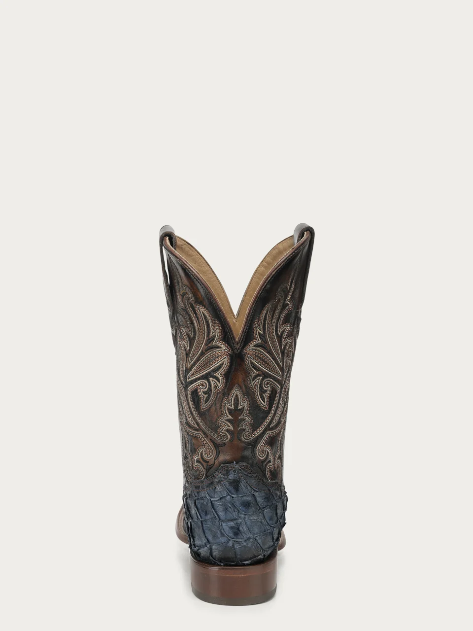 A5056 - MEN'S BLUE PIRARUCU EMBROIDERY BROWN COWHIDE WIDE SQ. TOE COWBOY BOOT - Image 10