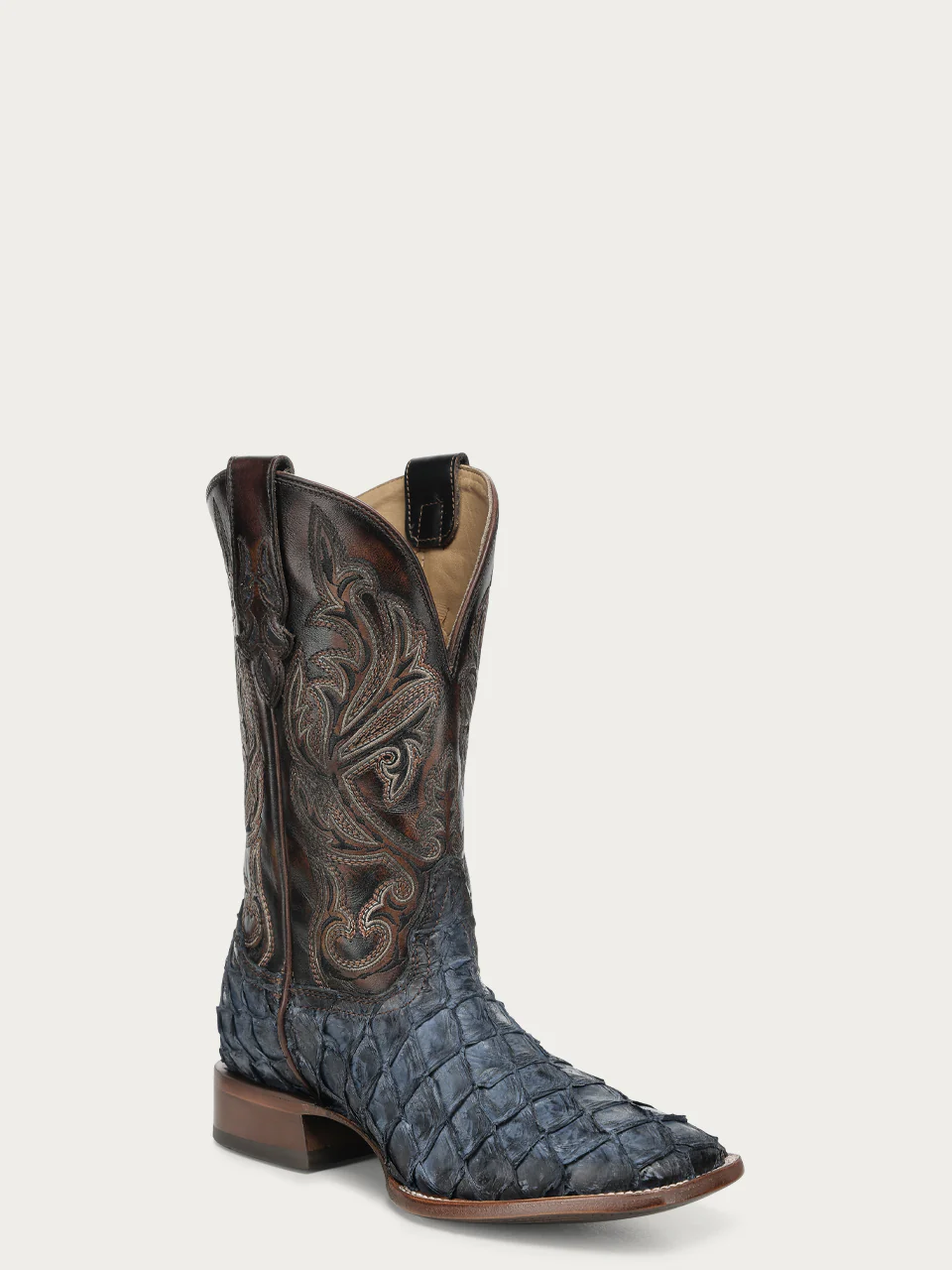 A5056 - MEN'S BLUE PIRARUCU EMBROIDERY BROWN COWHIDE WIDE SQ. TOE COWBOY BOOT - Image 3