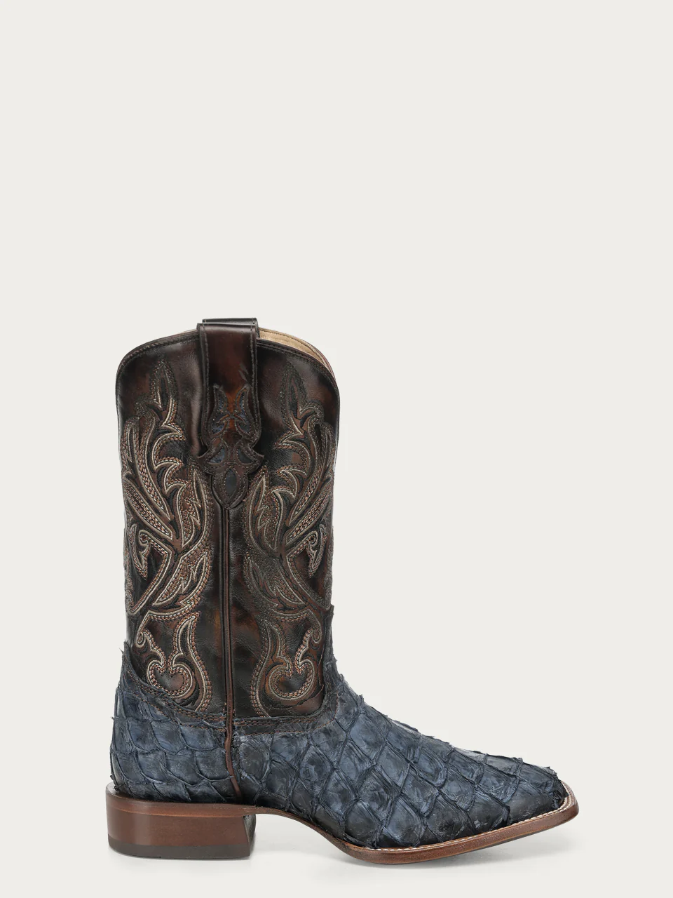A5056 - MEN'S BLUE PIRARUCU EMBROIDERY BROWN COWHIDE WIDE SQ. TOE COWBOY BOOT - Image 5