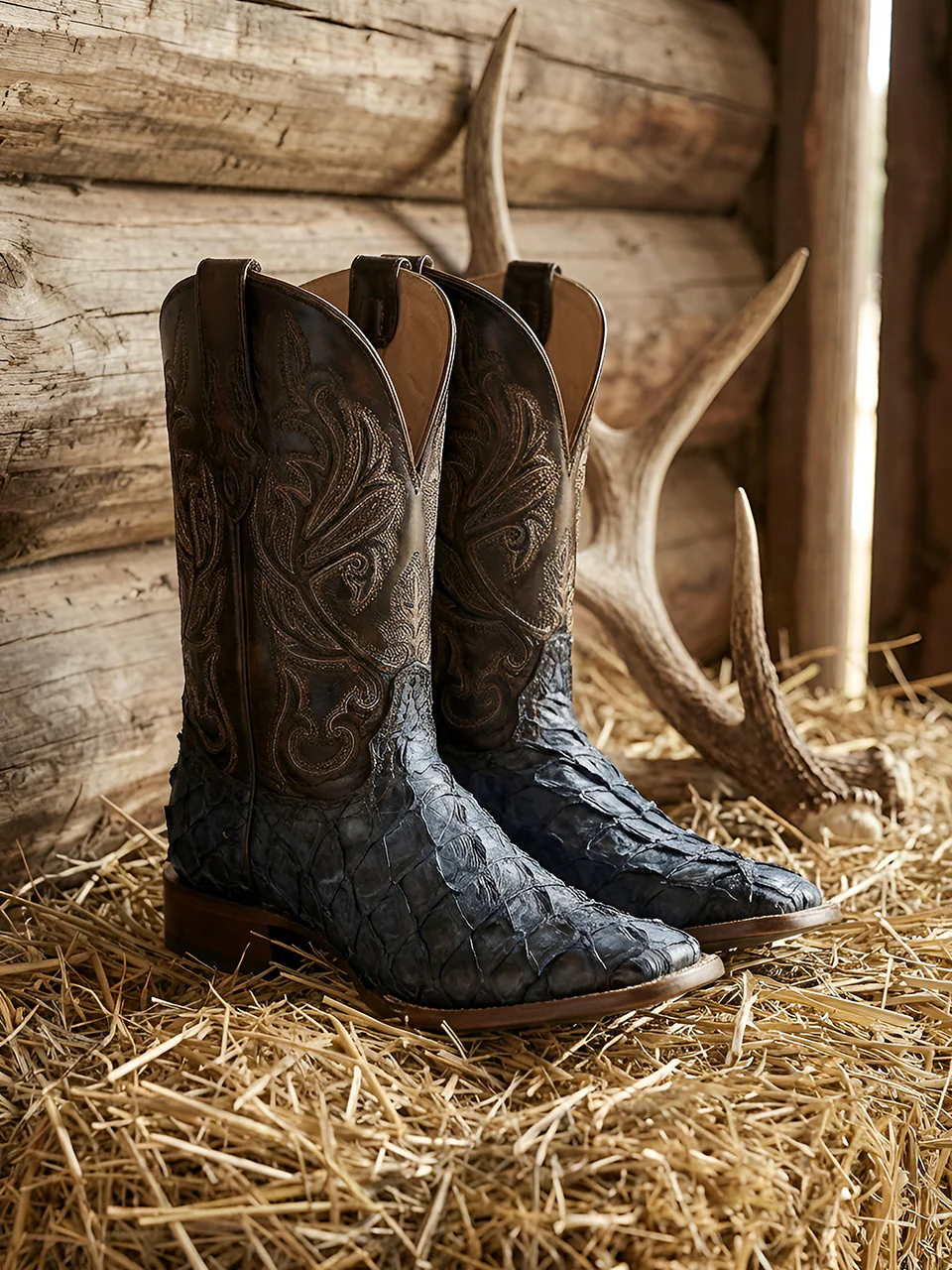 A5056 - MEN'S BLUE PIRARUCU EMBROIDERY BROWN COWHIDE WIDE SQ. TOE COWBOY BOOT - Image 6