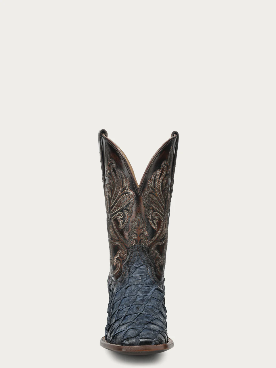 A5056 - MEN'S BLUE PIRARUCU EMBROIDERY BROWN COWHIDE WIDE SQ. TOE COWBOY BOOT - Image 8