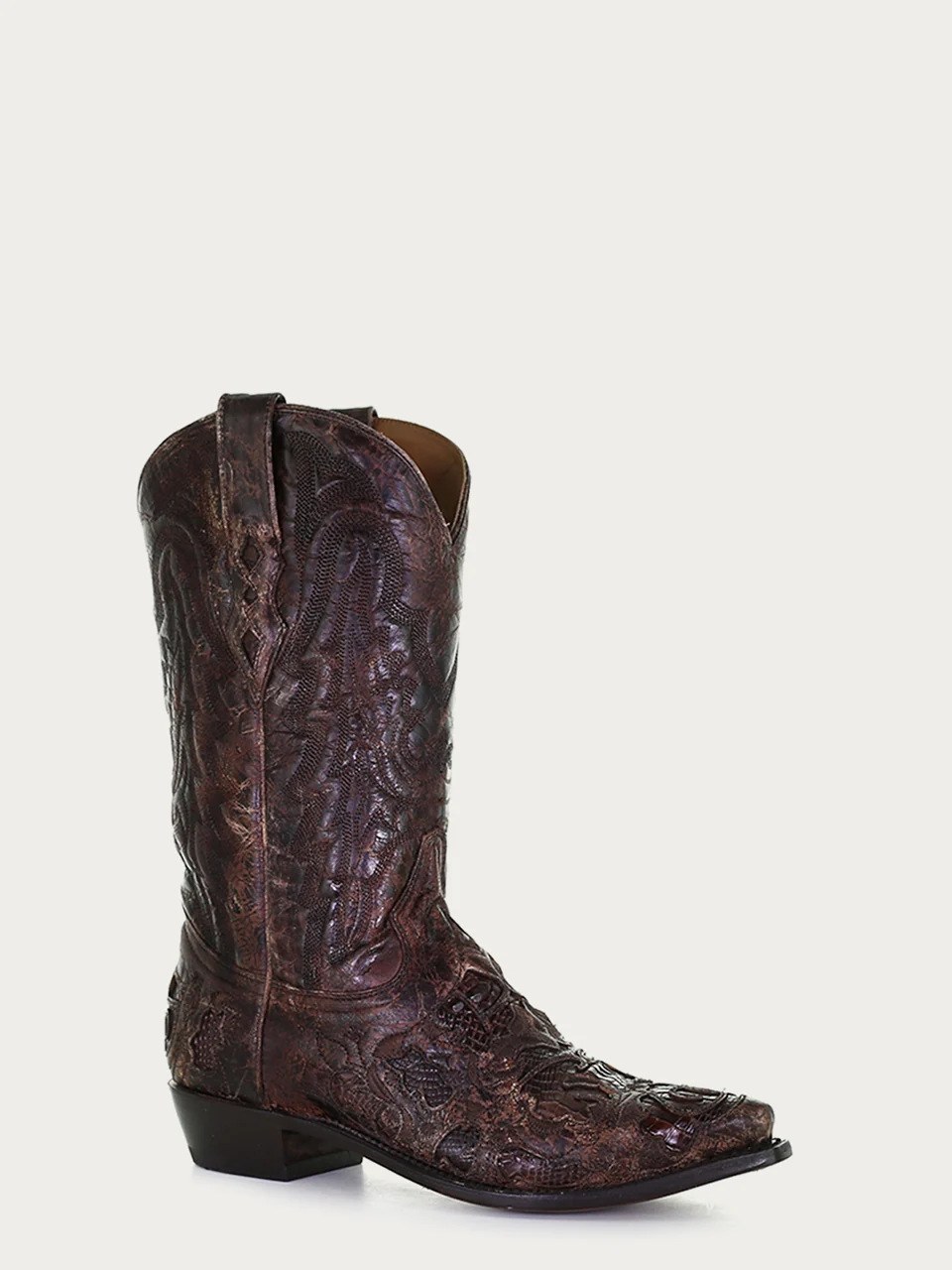 A4115 - MEN'S BROWN ALLIGATOR INLAY AND EMBROIDERY SNIP TOE COWBOY BOOT