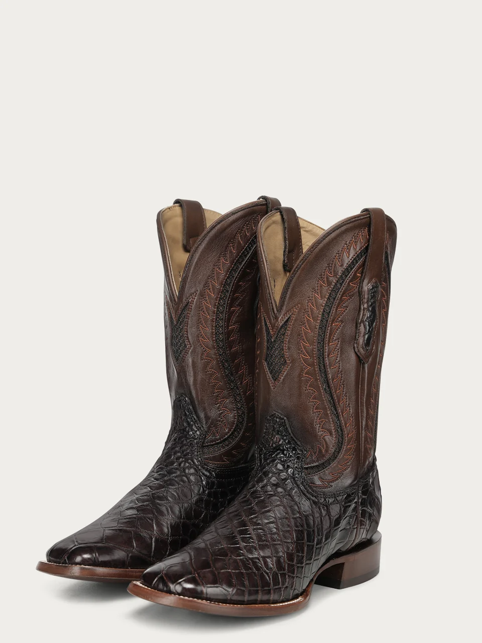 A5118 - MEN'S BROWN ALLIGATOR INLAY AND EMBROIDERY WIDE SQ. TOE COWBOY BOOT