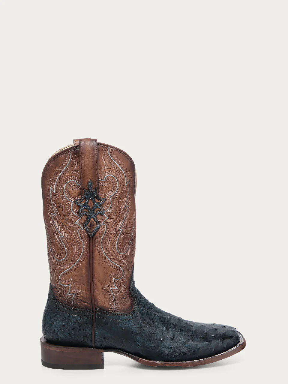 A4975 - MEN'S BROWN EMBROIDERY NAVY BLUE OSTRICH WIDE SQUARE TOE COWBOY BOOT WITH LEATHER SOLE AND RUBBER INSERT - Image 3