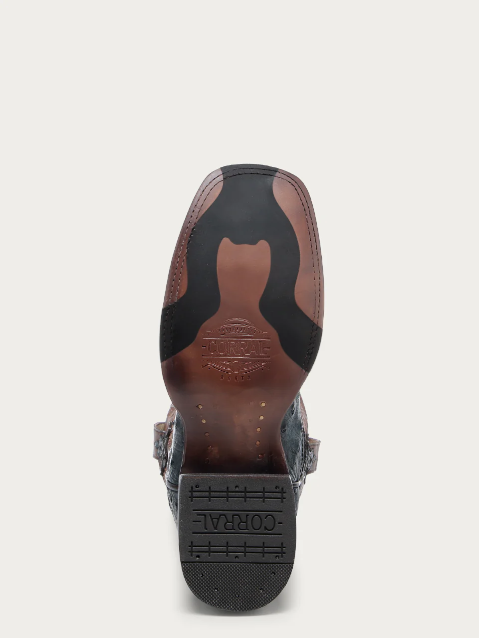 A4975 - MEN'S BROWN EMBROIDERY NAVY BLUE OSTRICH WIDE SQUARE TOE COWBOY BOOT WITH LEATHER SOLE AND RUBBER INSERT - Image 4