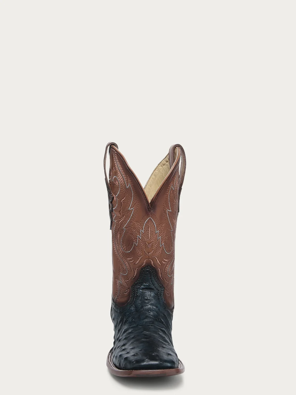 A4975 - MEN'S BROWN EMBROIDERY NAVY BLUE OSTRICH WIDE SQUARE TOE COWBOY BOOT WITH LEATHER SOLE AND RUBBER INSERT - Image 5