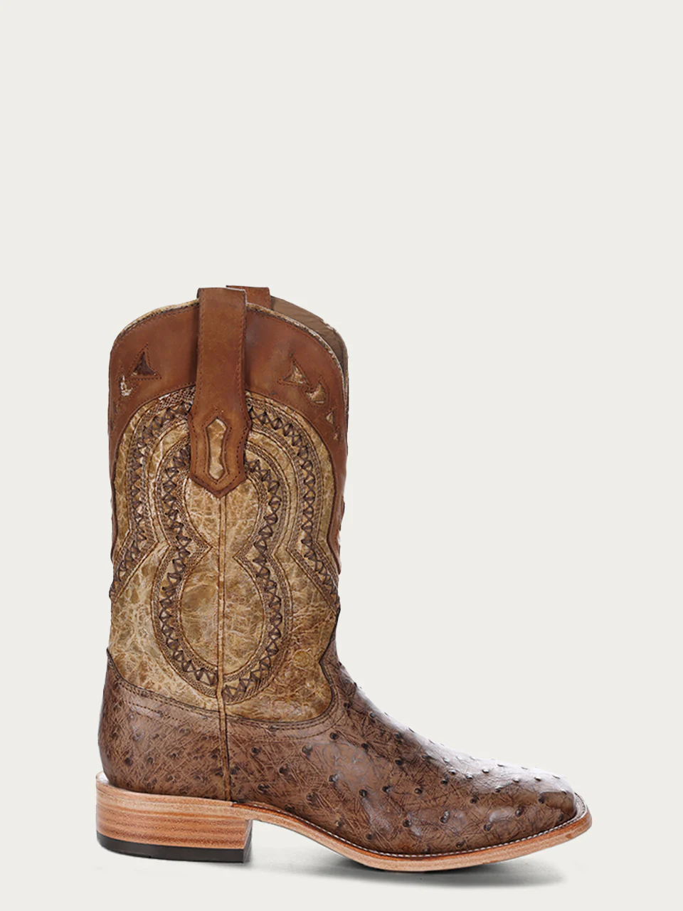 A4008 - MEN'S BROWN EMBROIDERY WITH WOVEN DETAIL AND OVERLAY FULL QUILL OSTRICH SQUARE TOE COWBOY BOOT - Image 3
