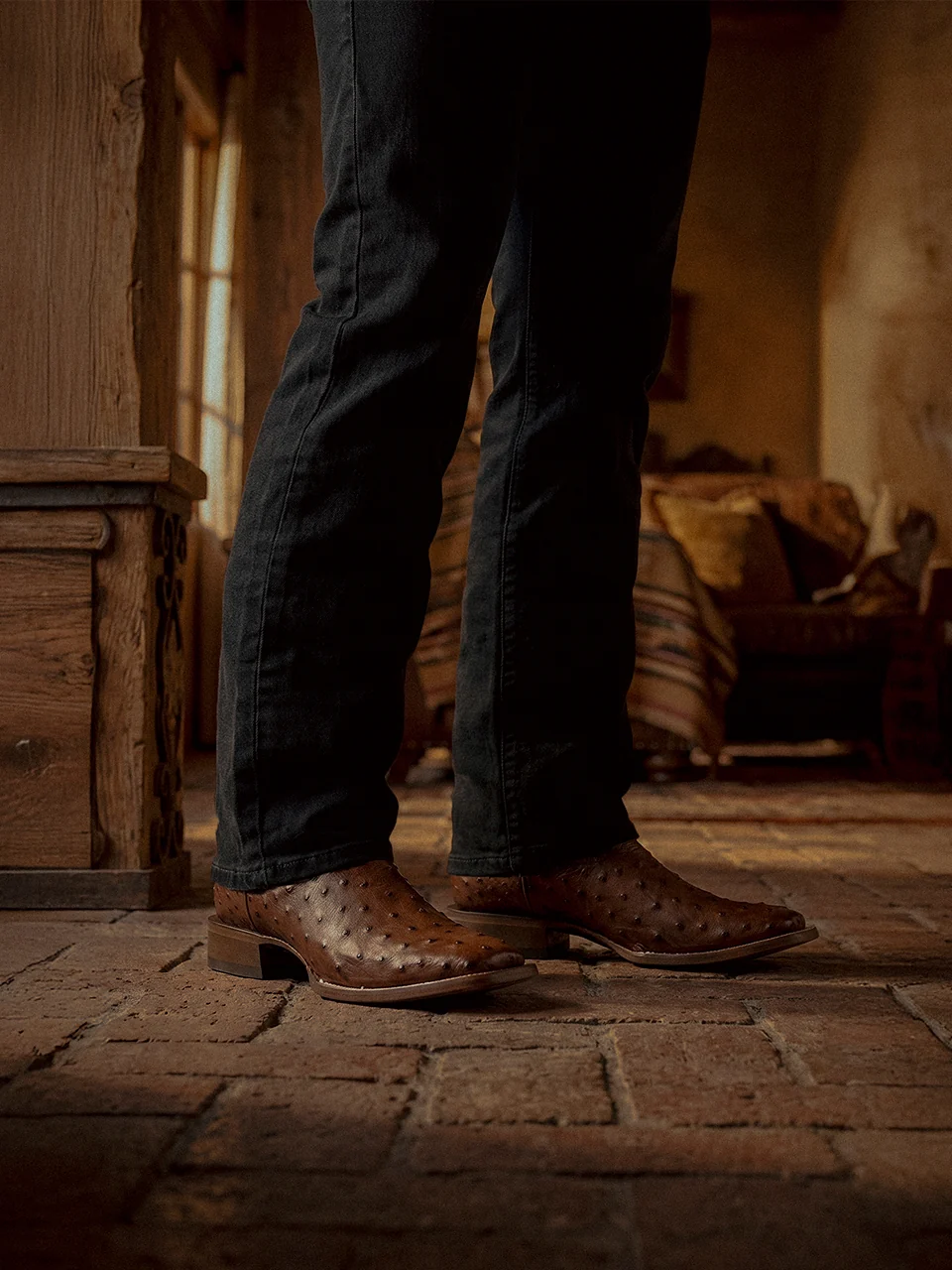 A5111 - MEN'S COGNAC OSTRICH INLAY AND EMBROIDERY WIDE SQ. TOE COWBOY BOOT - Image 2