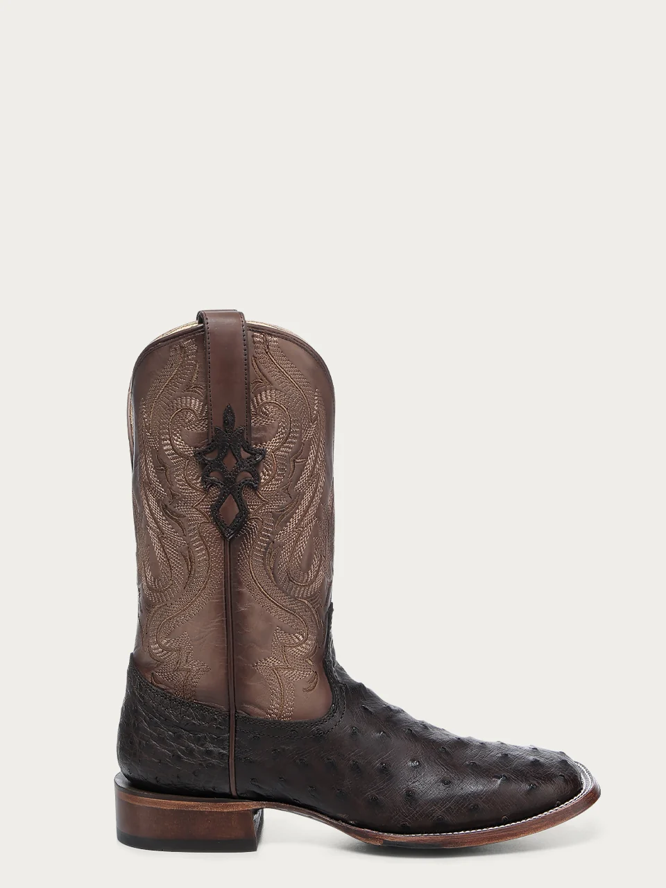 A4973 - MEN'S EMBROIDERY AND OSTRICH BROWN WIDE SQUARE TOE COWBOY BOOT LEATHER SOLE WITH RUBBER INSERT - Image 2