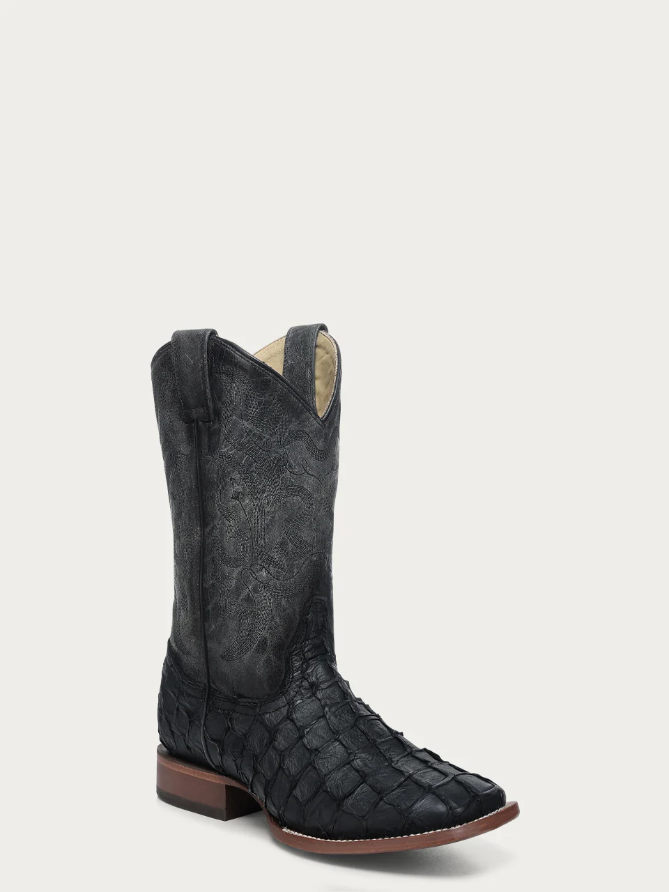 A4981 - MEN'S EMBROIDERY BLACK PIRARUCU FISH WIDE SQUARE TOE COWBOY BOOT