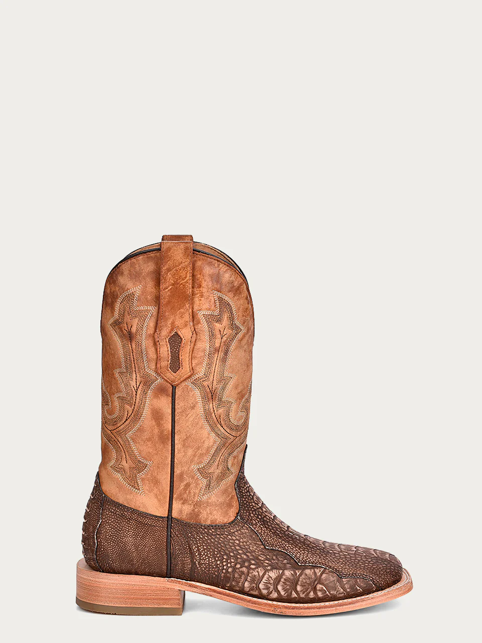 A4289 - MEN'S EMBROIDERY BROWN OSTRICH LEG VAMP WIDE SQUARE TOE SAND COWBOY BOOT - Image 3