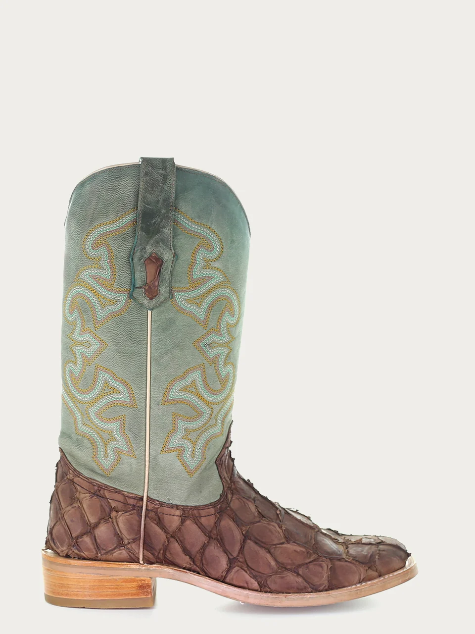 A4048 - MEN'S EMBROIDERY BROWN PIRARUCU TURQUOISE SQUARE TOE RODEO COWBOY BOOT - Image 2