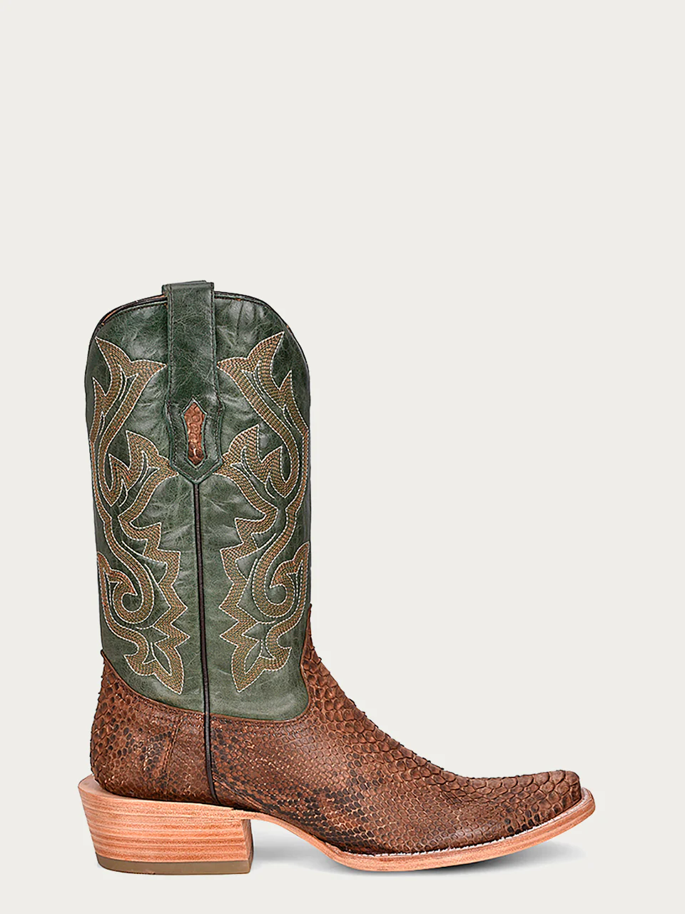 A4287 - MEN'S EMBROIDERY GENUINE BROWN PYTHON VAMP NARROW SQUARE TOE GREEN COWBOY BOOT - Image 3