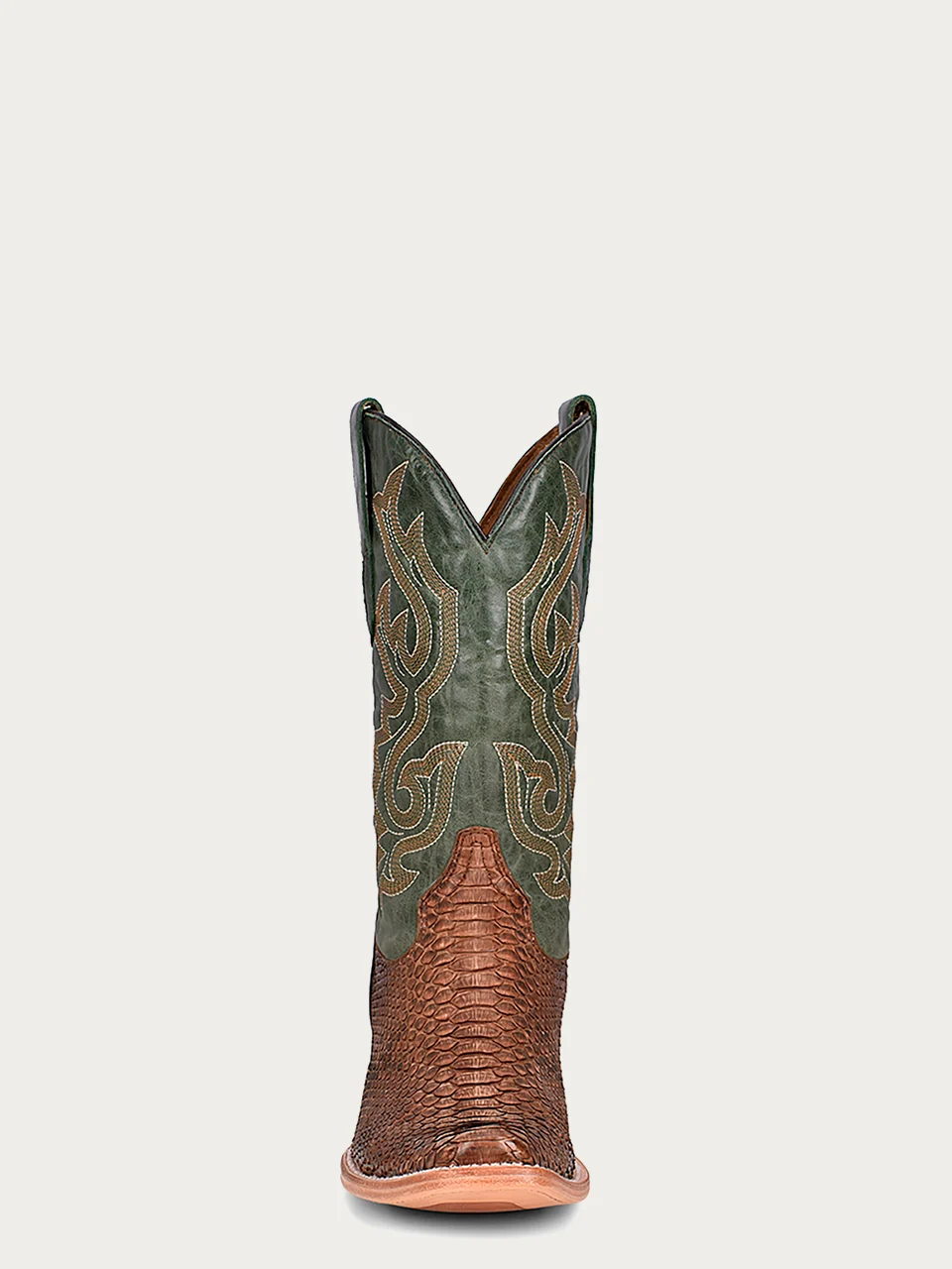 A4287 - MEN'S EMBROIDERY GENUINE BROWN PYTHON VAMP NARROW SQUARE TOE GREEN COWBOY BOOT - Image 4