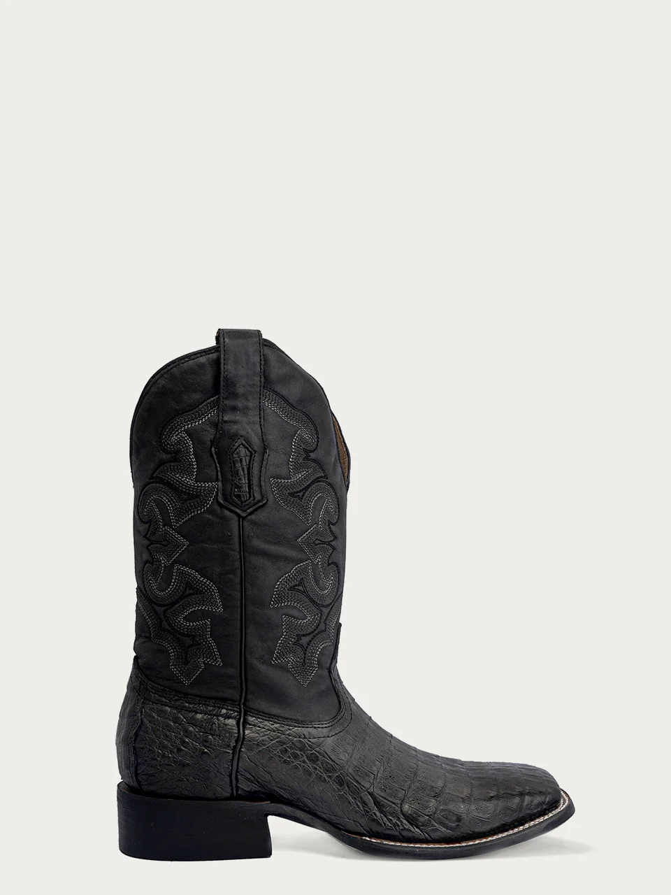 A4496 - MEN'S EMBROIDERY BLACK CAIMAN WIDE SQUARE TOE LEATHER SOLE WITH RUBBER INSERT COWBOY BOOT - Image 2