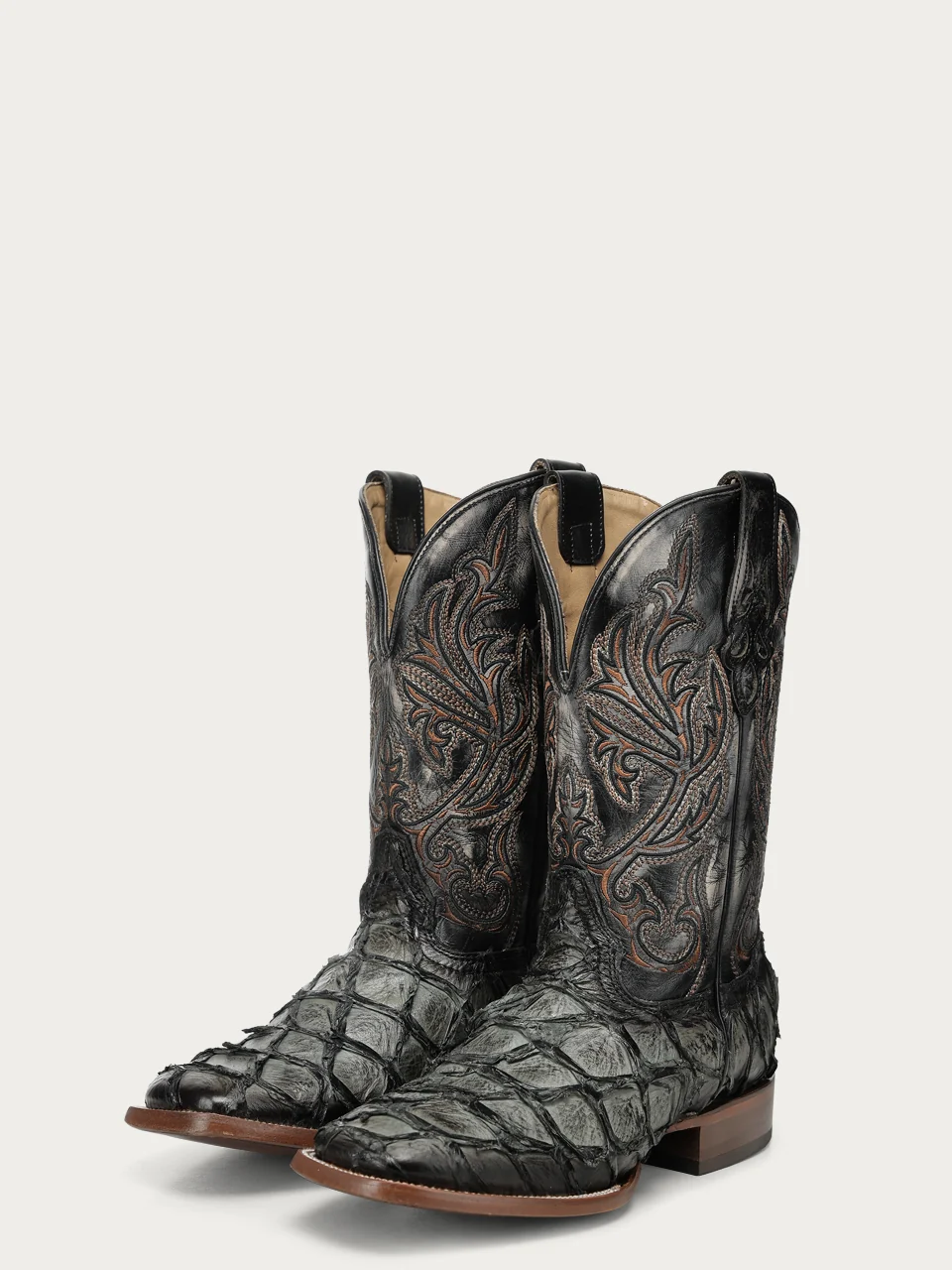 A5055 - MEN'S EMBROIDERY OLIVE GREEN PIRARUCU FISH WIDE SQUARE TOE COWBOY BOOT
