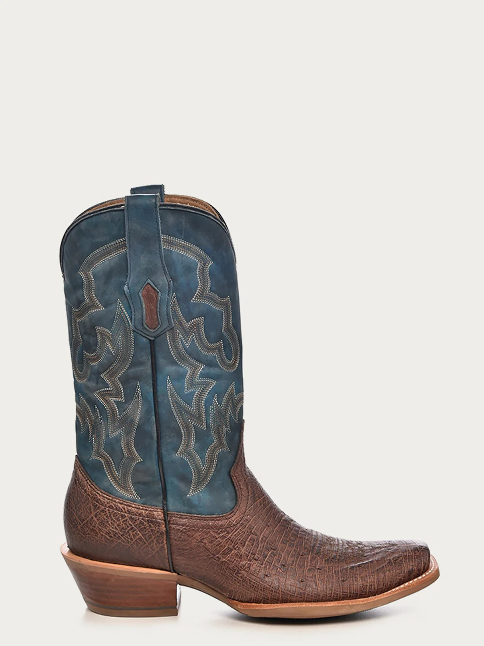 A4402 - MEN'S NAVY-BLUE EMBROIDERY NARROW SQUARE TOE BROWN OSTRICH COWBOY BOOT - Image 3