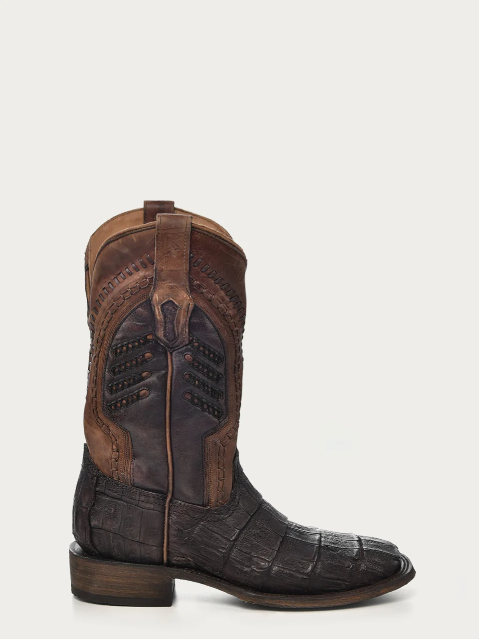 A3878 - MEN'S OIL BROWN CAIMAN EMBROIDERY AND WOVEN SHAFT WIDE SQUARE TOE COWBOY BOOT - Image 3
