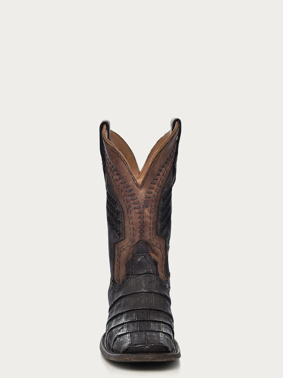 A3878 - MEN'S OIL BROWN CAIMAN EMBROIDERY AND WOVEN SHAFT WIDE SQUARE TOE COWBOY BOOT - Image 4