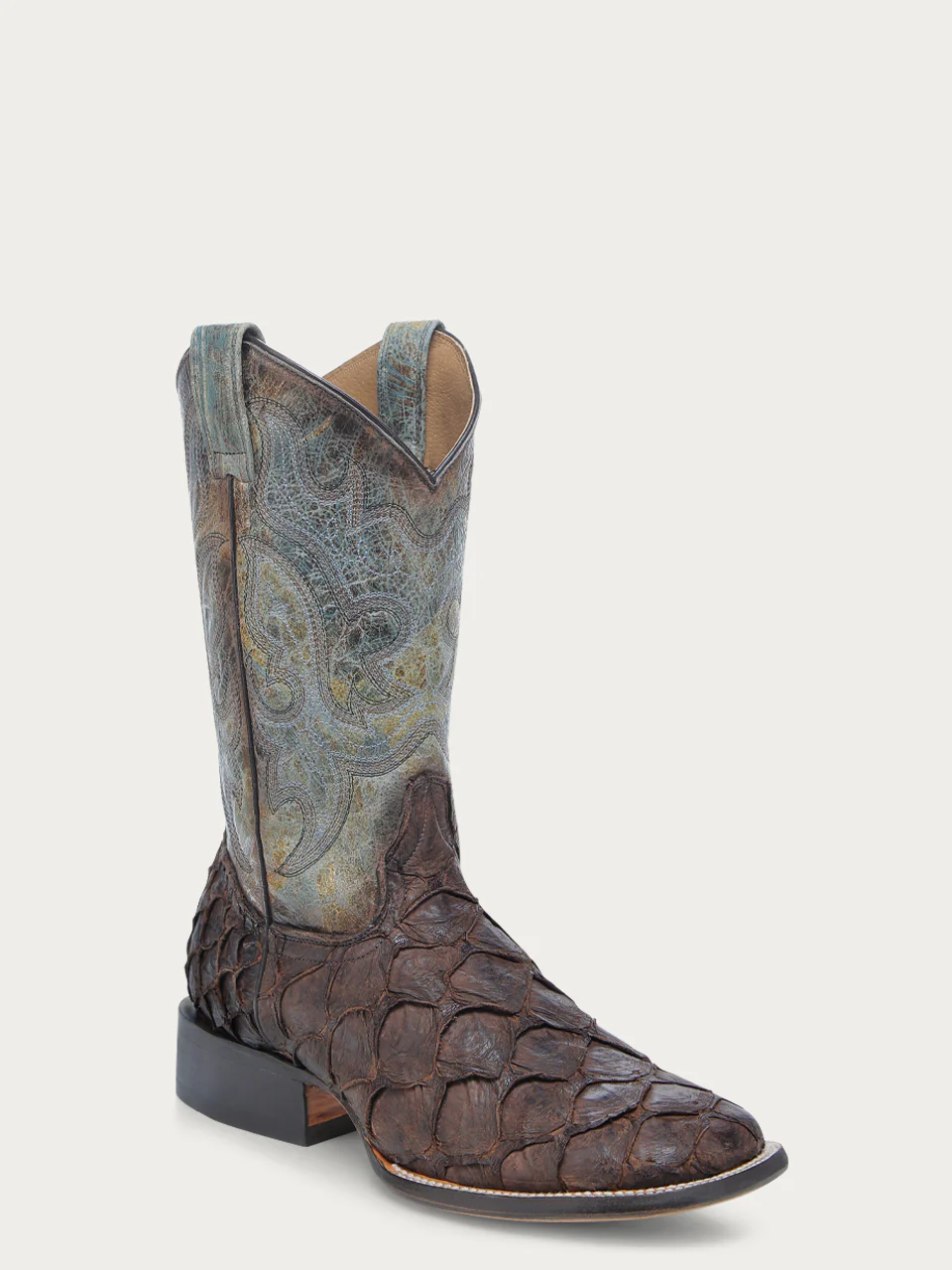 B5023 - MEN'S TOBACCO FISH PIRARUCU FADED TURQUOISE WIDE SQUARE TOE COWBOY BOOT