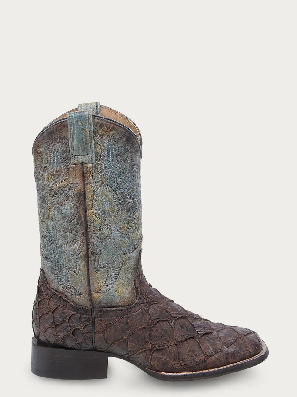 B5023 - MEN'S TOBACCO FISH PIRARUCU FADED TURQUOISE WIDE SQUARE TOE COWBOY BOOT - Image 3