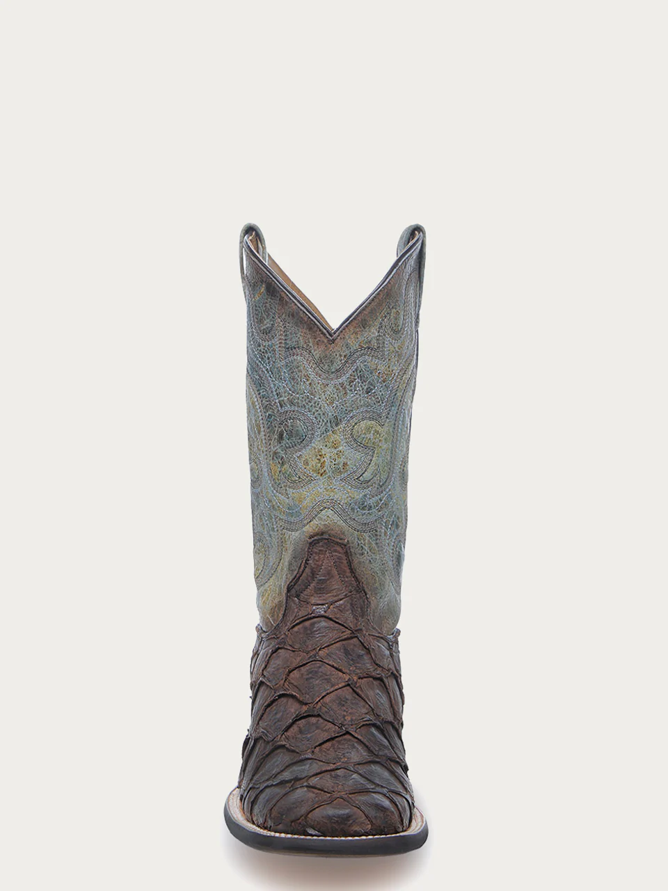 B5023 - MEN'S TOBACCO FISH PIRARUCU FADED TURQUOISE WIDE SQUARE TOE COWBOY BOOT - Image 4