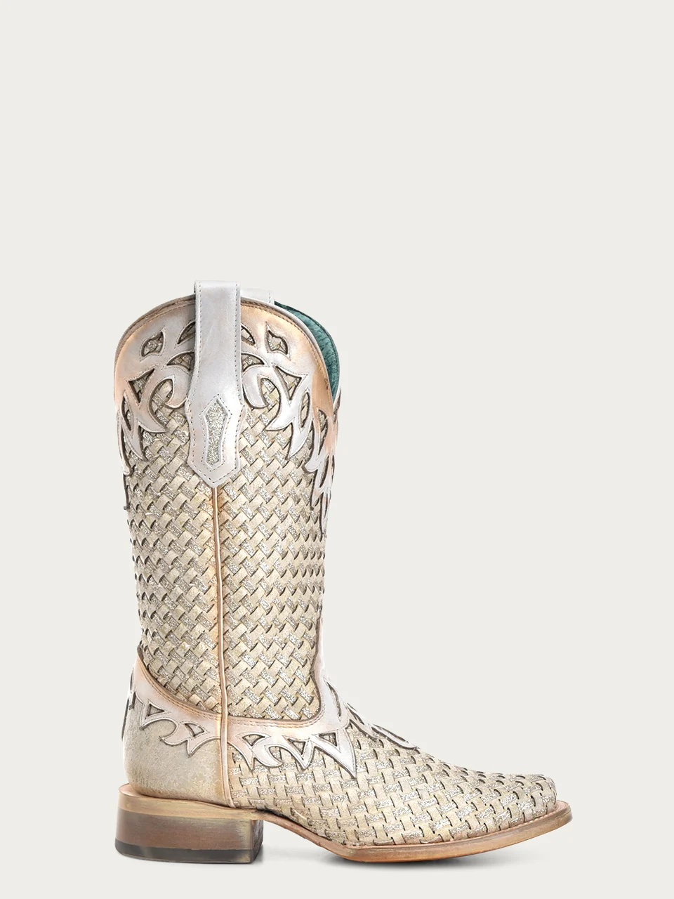 A4524 - WOMEN'S WHITE GLITTER WOVEN OVERLAY SQUARE TOE COWBOY BOOT - Image 3