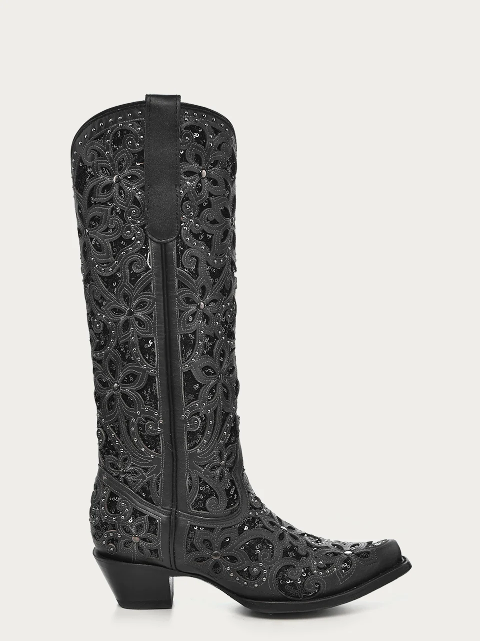 A3589 - WOMEN'S BLACK GLITTER INLAY FLORAL OVERLAY WITH CRYSTALS AND STUDS SNIP TOE TALL TOP BLACK COWBOY BOOT - Image 3