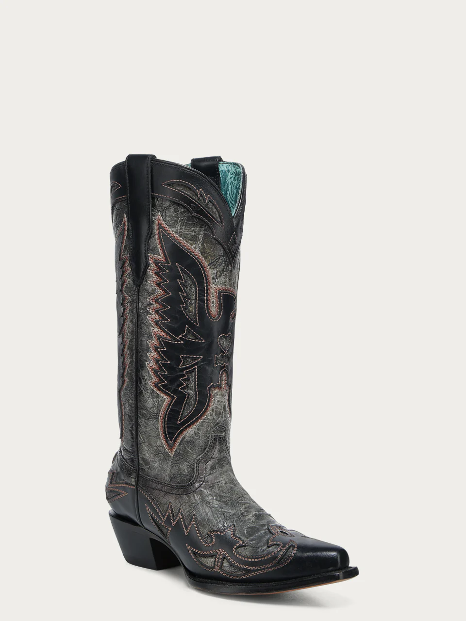 A4888 - WOMEN'S BLACK EAGLE OVERLAY AND EMBROIDERY SNIP TOE COWBOY BOOT