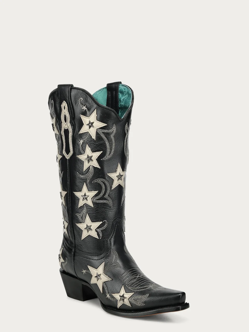 Z5532 - WOMEN'S BLACK EMBROIDERY STARS OVERLAY AND STUDS SNIP TOE COWBOY BOOT - Image 3