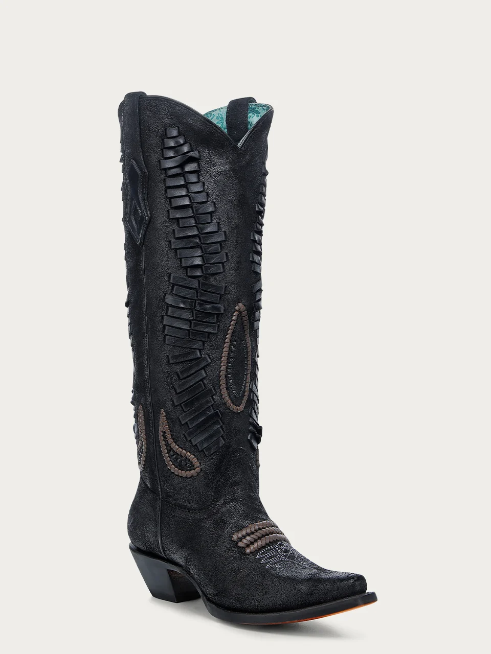 A4752 - WOMEN'S BLACK FLORAL EMBROIDERY SNIP TOE TALL TOP COWBOY BOOT