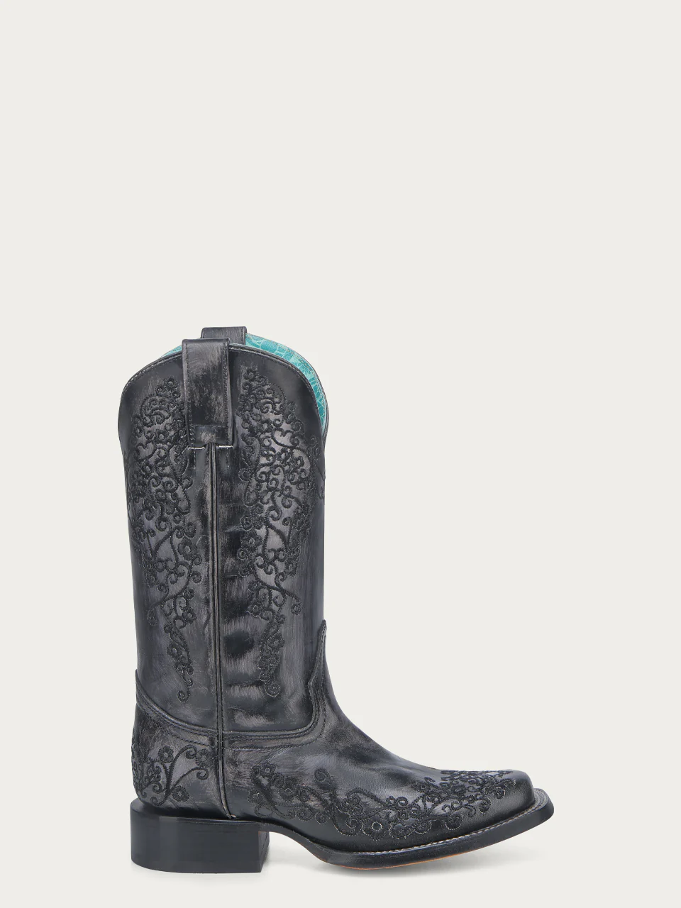 A4805 - WOMEN'S BLACK FLORAL EMBROIDERY SQUARE TOE COWBOY BOOT - Image 3