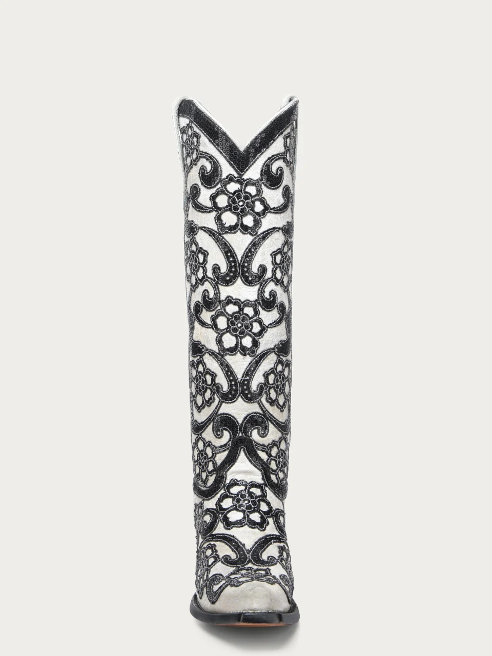 A4866 - WOMEN'S BLACK FLORAL OVERLAY EMBROIDERY AND SEQUINS SNIP TOE TALL TOP WHITE COWBOY BOOT - Image 5