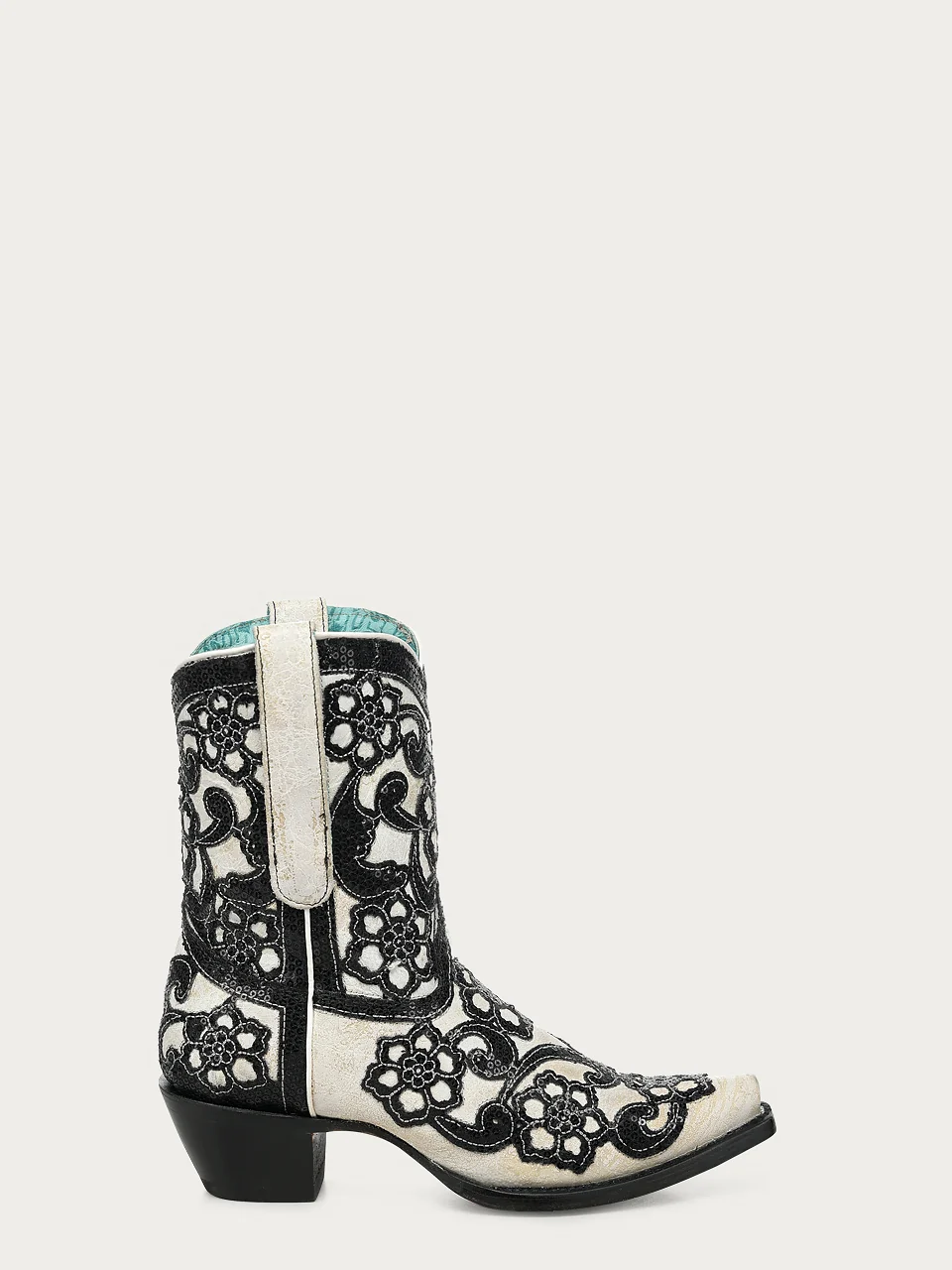 A5127 - WOMEN'S BLACK FLORAL OVERLAY EMBROIDERY AND SEQUINS SNIP TOE WHITE ANKLE COWBOY BOOT - Image 3