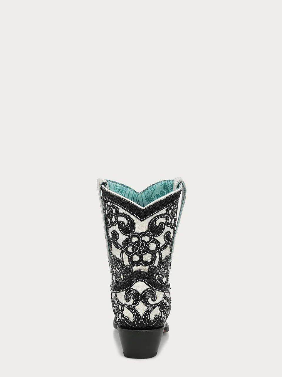 A5127 - WOMEN'S BLACK FLORAL OVERLAY EMBROIDERY AND SEQUINS SNIP TOE WHITE ANKLE COWBOY BOOT - Image 5