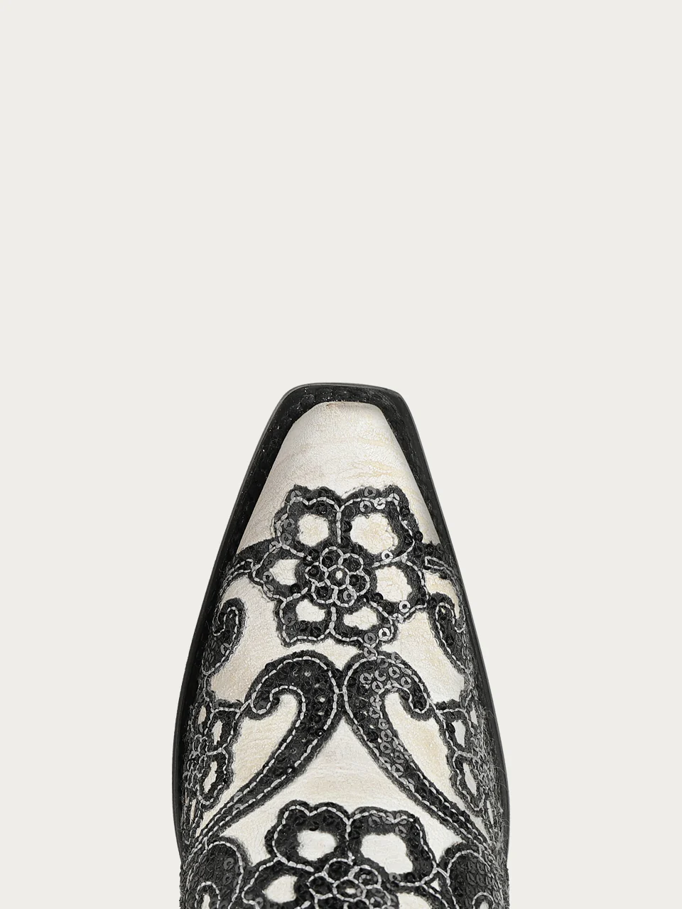 A5127 - WOMEN'S BLACK FLORAL OVERLAY EMBROIDERY AND SEQUINS SNIP TOE WHITE ANKLE COWBOY BOOT - Image 6